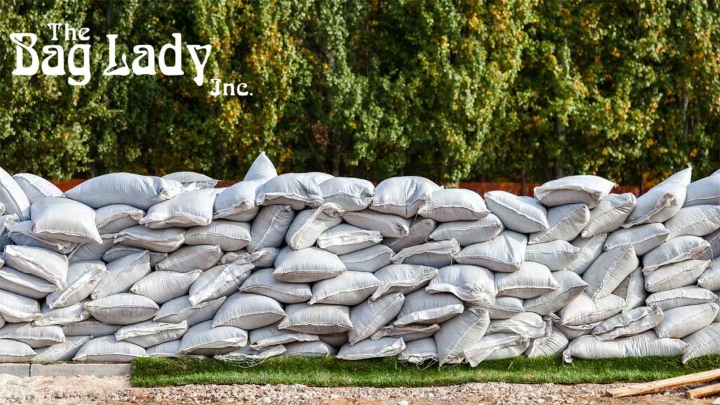 Rows of sandbags piled up around a flooded zone