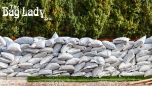 Rows of sandbags piled up around a flooded zone