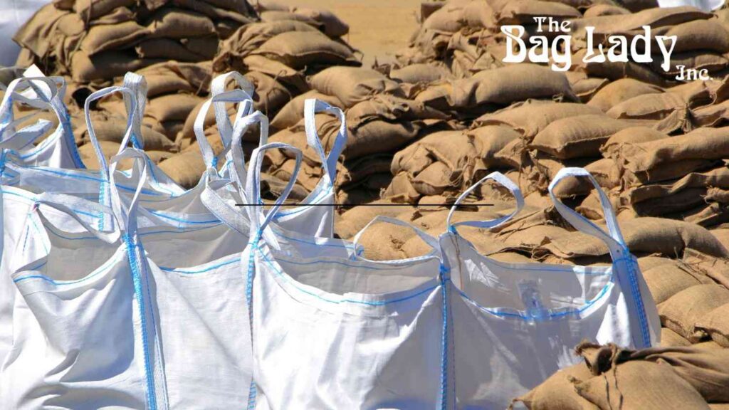 Neatly stacked sandbags placed outdoors for flood control