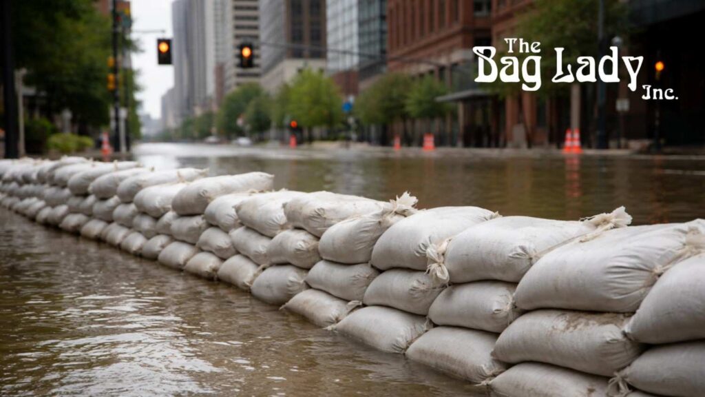 City street with minimal flooding controlled by sandbags, focusing on the sandbag barrier.