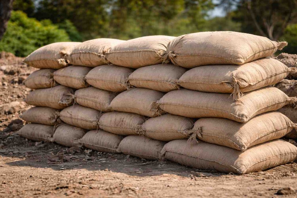 Stack of sandbags arranged outdoors