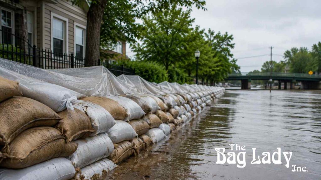 Sandbags stacked to protect against floodwaters.