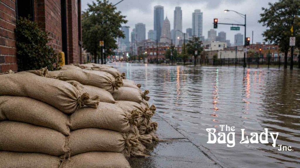 Sandbags protecting a flooded city street during heavy rain.