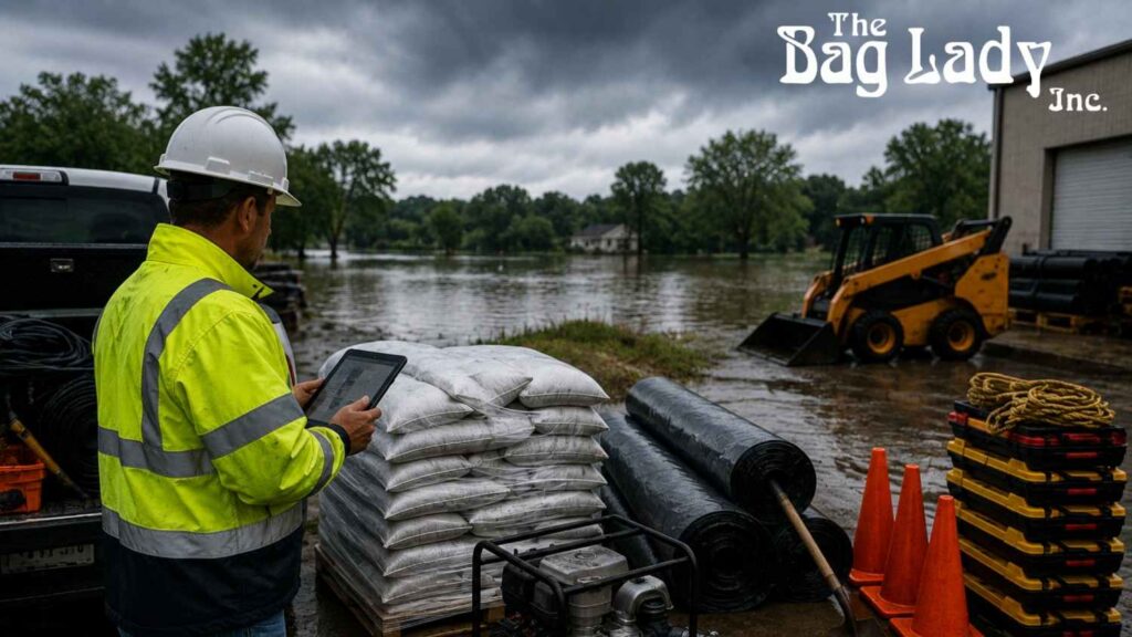 Contractor preparing flood control equipment at a flooded worksite.