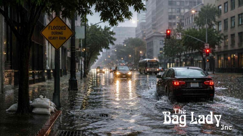 City street with rain, wet roads, and traffic